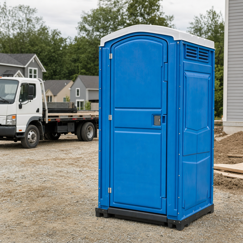 Delivery driver positioning a clean royal-blue portable toilet on level ground at a Louisville worksite